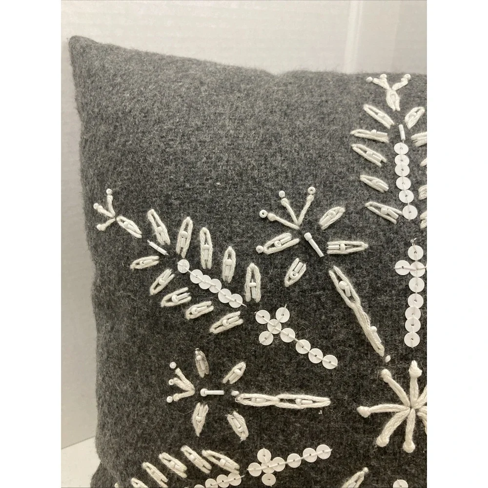 Vtg Pier 1 Beaded Flannel Pillow Gray Snowflake Beaded Sequin 15